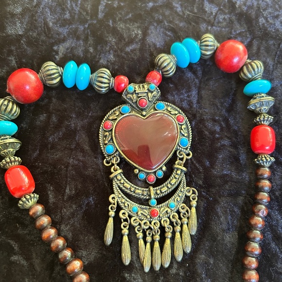 Bohemian Ethnic Statement Sacred Heart Necklace Artisan Handmade Aztec Beaded - Picture 2 of 4